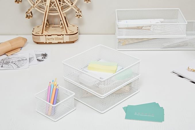 Annova Mesh Stackable Drawer Cabinet and Shelf Organizer Bins Storage Basket School Office Supply Holder Tray- Set of 2 (White, 6x15x2 Inch)