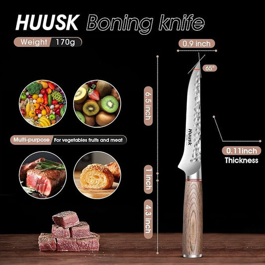 Huusk Boning Knife for Meat Cutting, 6.5" Hand Forged Japanese Fillet Knife for Meat Fish Poultry, Deboning Butcher Knives for Processing with Ergonomic Pakkawood Handle, Gift Box for Cooking lovers