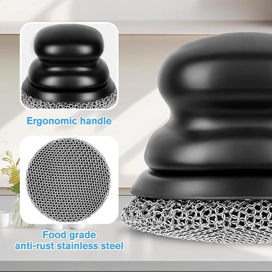 Cast Iron Scrubber (1Pack Black Coarse Mesh + 1Pack Black Fine Mesh) and and Scraper, Chain Mail Scrubber for Cleaning Stock Pots, Pans, Griddles, Grills, Cast Iron Skillets, Dish Scouring Pads