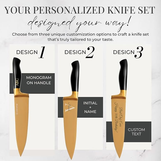 Personalized Black and Gold Knife Set with Block and Sharpener – 14-Piece Custom Engraved Titanium-Coated Gold Knives – Full Tang, Stainless Steel, Ergonomic, Gift-Ready
