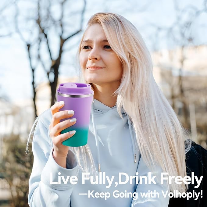 Volhoply 12 oz Double Wall Insulated Vacuum Travel Coffee Mug with Flip Lid Bulk 4 Pack,Reusable Stainless Steel Leak Proof Coffee Cup,Portable Thermal Tumbler for Hot&Cold Drinks(Purple Green,4 Set)