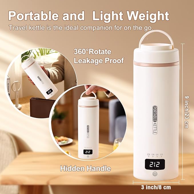 Travel Kettle, Portable Electric Kettle with 4 Temperature Controls, 304 Stainless Steel with Auto Shut-off & Leak Proof, Beige(120V)