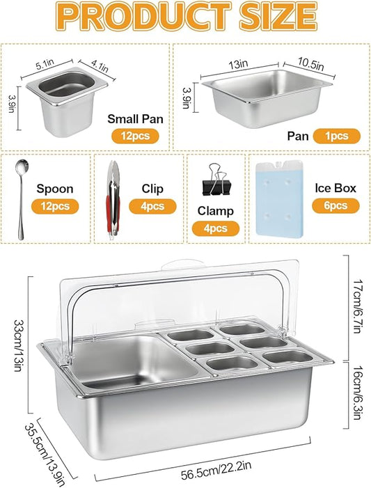 Pizza Topping Station 13 Pans Stainless Steel Spice Organizer Salad Bar Buffet Station with Spoons Ice Boxes Buffet Containers Set for Sauce Jam Ingredient Kitchen Restaurant Pantry