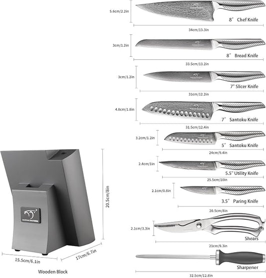 NANFANG BROTHERS® 10 Pieces Damascus Kitchen Knife Set, High Carbon Stainless Steel Damascus Steel Chef Knife Set, Stainless Steel Ergonomic Handle for Chef, with Built-in Sharpening Rod NF