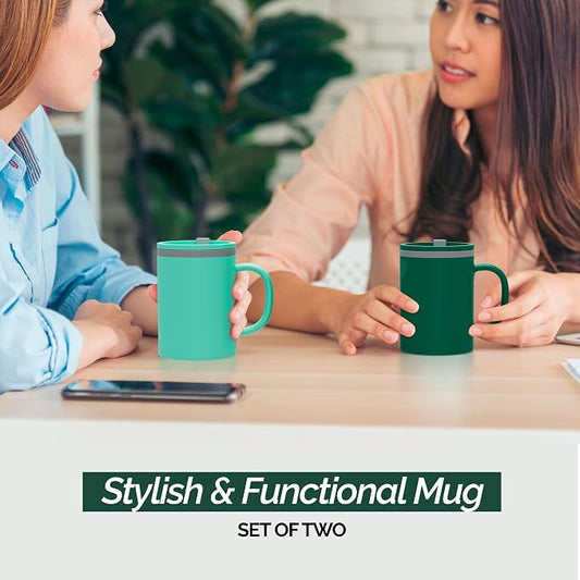 Copco Iconic 16oz Double Wall Insulated Desk Mug with Lid & Handle, Set of 2, BPA-Free Reusable Plastic, Spill-Resistant, Microwave & Dishwasher Safe, Wide Mouth (Green/Hunter Green)