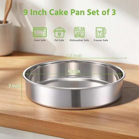 E-far 9 Inch Cake Pan Set of 3, Stainless Steel Round Cake Baking Pans, Non-Toxic & Healthy, Mirror Finish & Dishwasher Safe