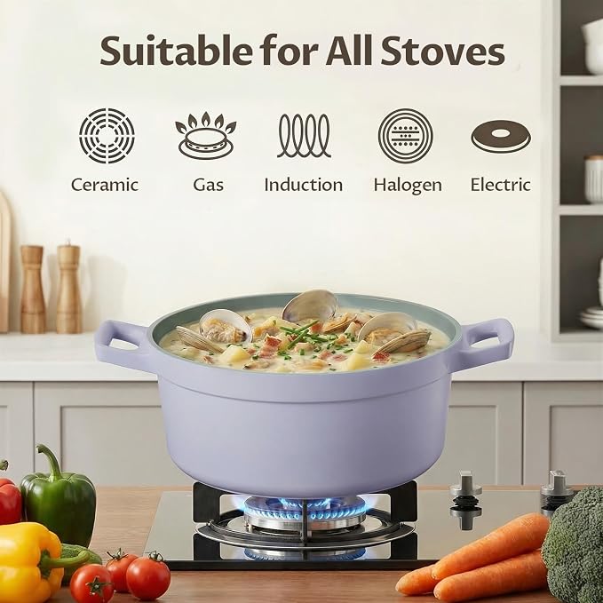 BEZIA 5.7 Quart Nonstick Ceramic Dutch Oven Style Stock Pot with Lid, Lightweight Die-Cast Aluminum Cooking Pot for Family Stew & Braising, Induction Ready Soup Pot, Oven Safe, Serves 3-5 People