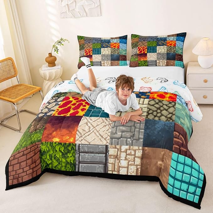 Manfei Video Game Comforter Set -Pixelated Themed Game Comforter Full Size Block Theme Gaming Bedding Set for Kids Women Men Bedroom Decor Fashion Modern Quilt Duvet,3 Pcs with 2 Pillowcase