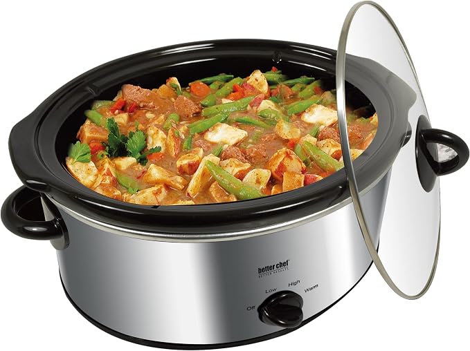 Better Chef Oval Slow Cooker | 3-Quart | 3-Tempature Settings | Side Handles | Glass Lid | Enamel Stoneware Insert (Stainless-Steel)