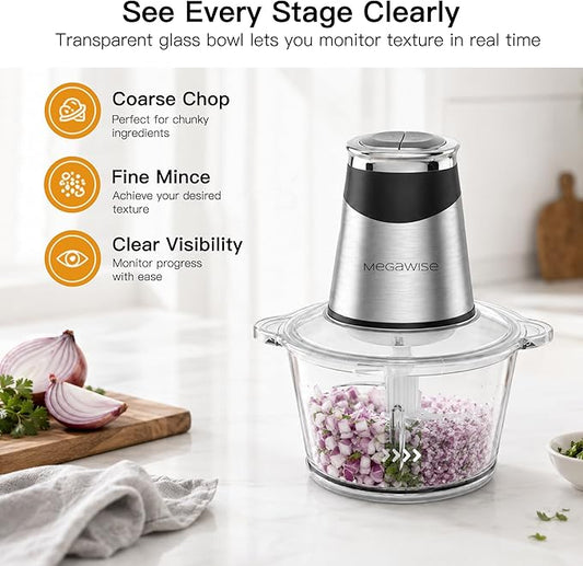 MEGAWISE Electric Food Processor, 800W Meat Grinder & Vegetable Chopper - 2 Bowls (3L Stainless Steel + 3L Glass) with 4 Blades, Dual-Speed Food Chopper for Meat, Fruits, Vegetables, and Nuts