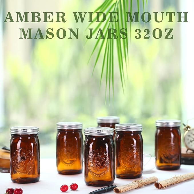 eleganttime Amber Glass Mason Jars 32 oz Wide Mouth with Airtight Lids and Bands 6 Pack Large Glass Canning Mason Jars Quart,Great for Canning Jar Pickle Fermenting Jam Jar