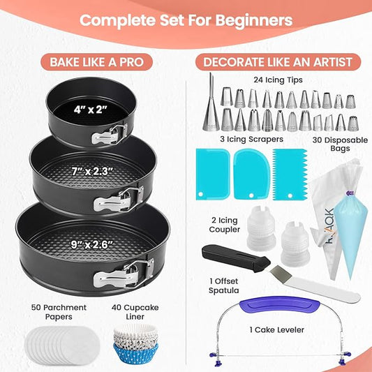 RFAQK 150PCs Cake Pan Set for Baking + Cake Decorating Supplies: 3 Round Non Stick Springform Pan Set (4, 7, 9 inches),24 Icing Tips,Cake LevelerโMulti-functional Leak-Proof Cake Pans & eBook