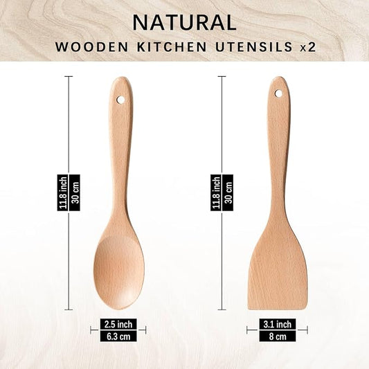 2pcs Wooden Spatula Spoon for Cooking, Thicker 12inch Coated Beech Wood Turners for Frying, Non-Scratch Flat Spurtle for Pan & Wok, Cooking Utensils for Non Stick Cookware, Long Handle Scraper