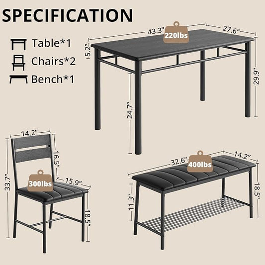 IRONCK Dining Table Set for 4, Kitchen Table with Upholstered Bench and 2 Chairs, Kitchen Table and Chairs Set for Small Space, Apartment, Black
