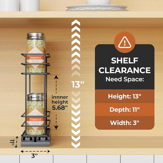 Mystozer Pull Out Spice Rack Organizer for Cabinet, Slide Out Spice Racks, Easy to Install Spice Cabinet Organizer, 2.5" Wx10.43 Dx8.26 H, 1 Drawer 2 Tiers(Black)