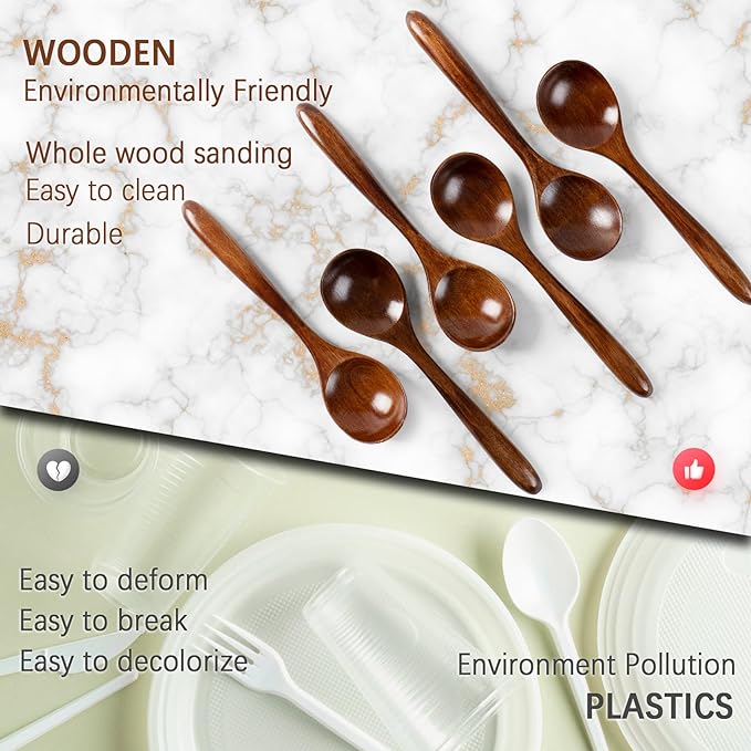 6 PCS Wooden Spoons for Honey, 6.7 inch Small Wooden Spoons - Terrific for Tea, Coffee & Soup, Little Wood Serving Table Spoon Set, Bulk Bamboo Teaspoon for Eating with Unique Design