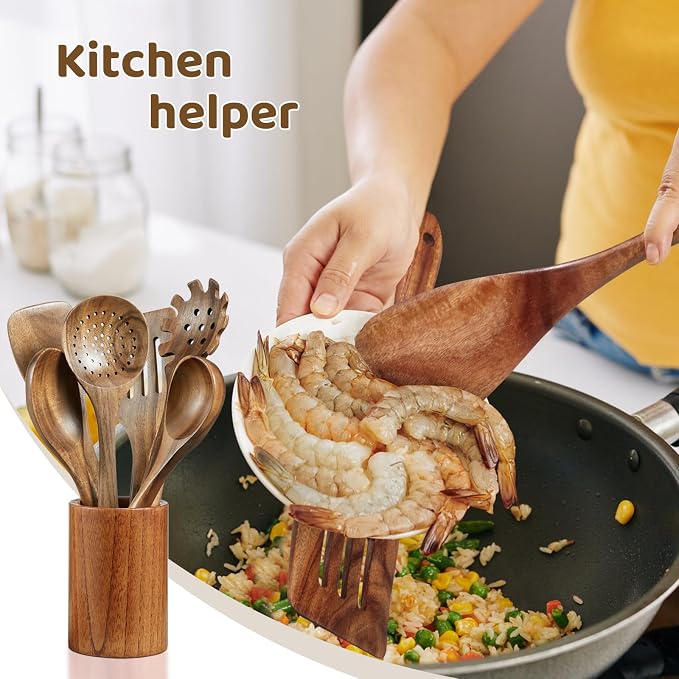 Wooden Spoons for Cooking - 10 Piece Natural Teak Wood Kitchen Utensil Set, Wooden Spoons Set with Holder, Spoon Rest & Hooks, Wooden Spatula Set with 7 metal hooks