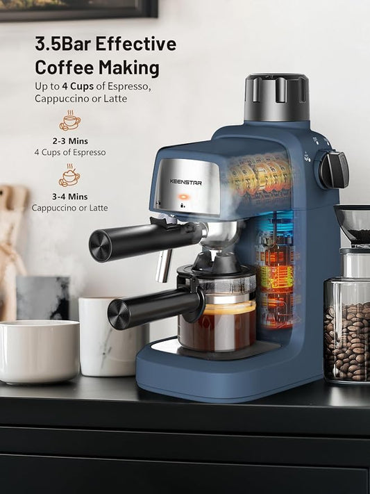 KEENSTAR 3.5Bar Espresso Machine with Milk Frother, 800W Compact Espresso and Cappuccino Maker, Preheating Function, 4-Cup Espresso Maker for Latte or Cappuccino, Upgraded Version