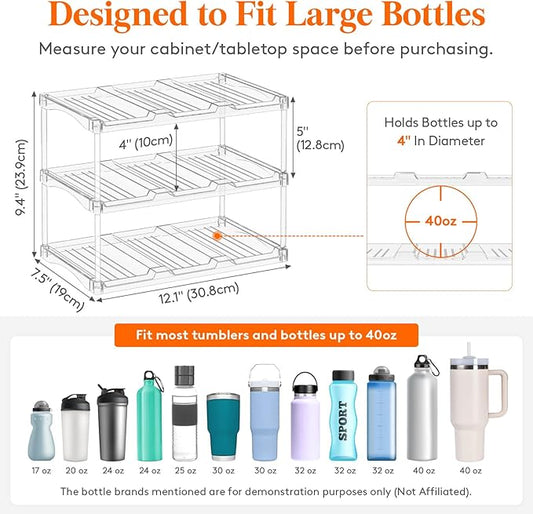 Lifewit Stackable Bottle Storage Organizer, Clear Freestanding Wine Holder for Cabinet, Large Slot Water Bottle Tumbler Cup Organizer for Pantry, Plastic Wine Rack for Fridge Cellar, 3Tier Hold 9