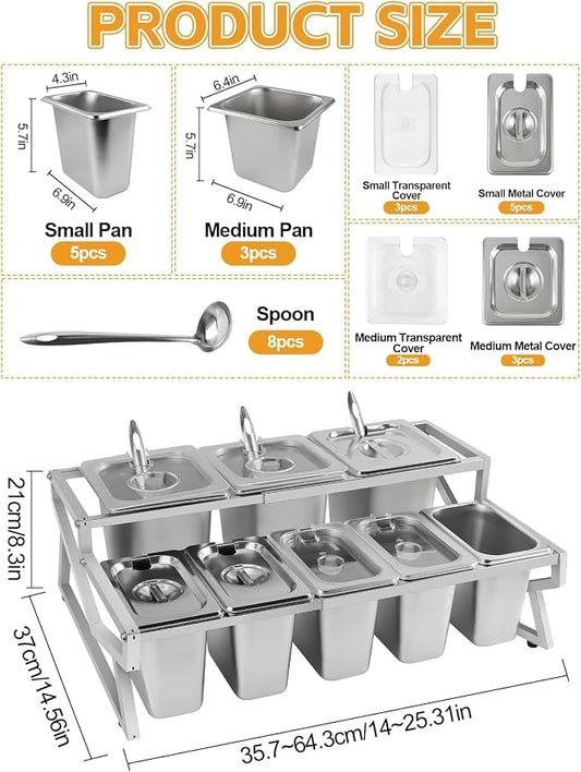 Pizza Topping Station 8 Pans Pizza Storage Container Topping containers with Lids Spoon Condiment Organizers Buffet Containers Set for Restaurant Pizza Sauce Jam Fruit Ingredient