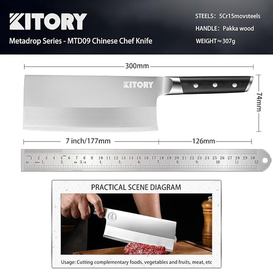 Kitory Cleaver 7", Lite Chinese Chef`s kitchen knife, for unfrozen meat and vegetable, pakkawood handle with super sharp 50Cr16MoV German Stainless steel blade, gift box