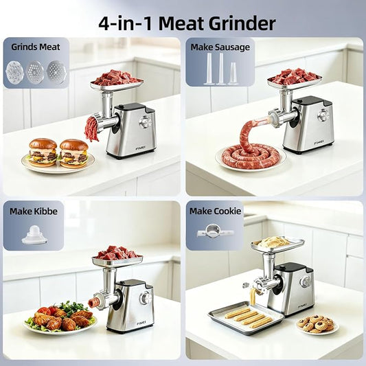 FIMEI Meat Grinder, Stainless Steel Food Processor & Sausage Stuffer, 4-in-1 Heavy Duty Meat Mincer with 2 Blades, 3 Plates, Kibbe Kit And Cookie Maker, for Home Kitchen & Ground Beef