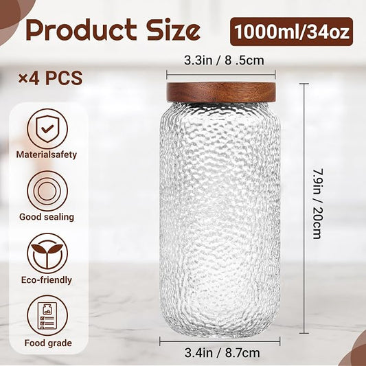 LemonRoad 4 Pack 33 oz Vintage Glass Jars with Lid Decorative Airtight Glass Food Containers Anti Slip Storage Canister for Kitchen Counter Pantry Coffee Nuts Sugar Candy Tea Cookie Spices Oats Cereal