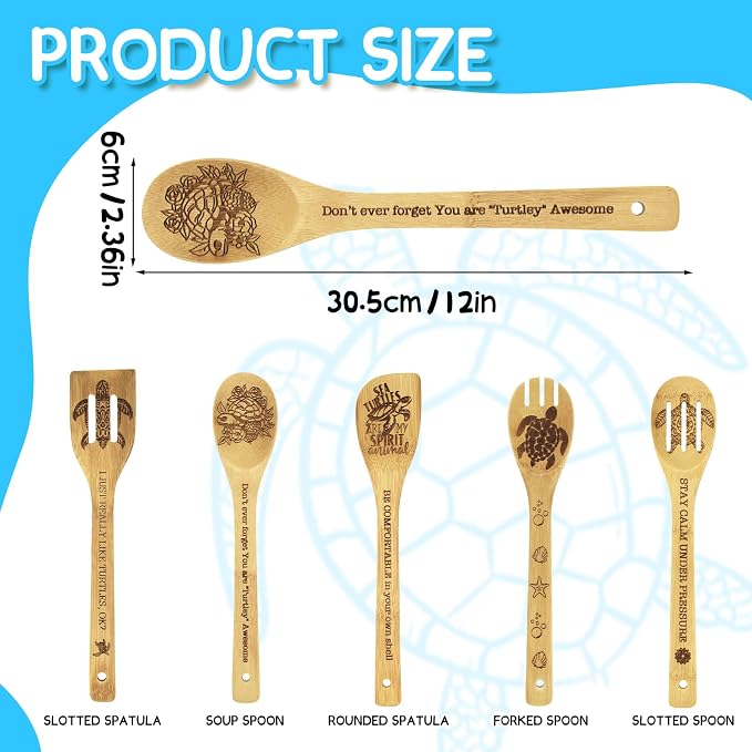 Sea Turtle Gifts for Women 6PCS Unique Sea Turtle Print Bamboo Spoons Gifts Set with Keychain Sea Turtle Decor Kitchen Gifts for Mom Bestie Teacher