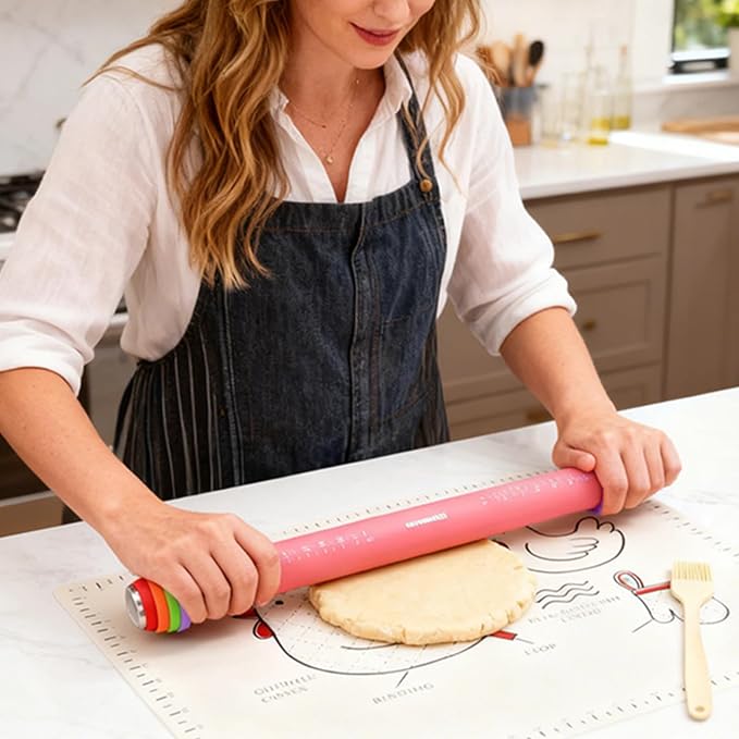 3 Pcs Adjustable Rolling Pin Set with Thickness Rings,15 Inch Silicone Rolling Pin for Dough,Non Stick Baking Roller for Cookies, Pizza, Pie Crust, Pastry, Fondant, Pasta, Kitchen Baking Tool