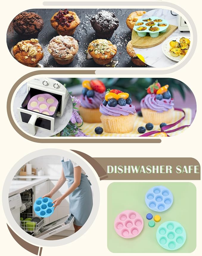 Silicone Egg Bite Molds, 3 Pack Silicone Muffin Pans for Air Fryer, Non-Stick 7 Cups Air Fryer Muffin Pan for Baking Egg Bite, Cupcake, Tart, Bread