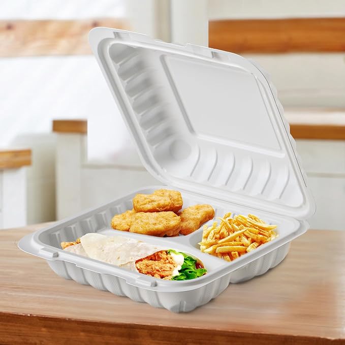 Food Containers 8" 34 oz 55 Pack - Shrink Wrapped Ready to Use | 3 Compartment Mineral Filled PP Clamshell | Microwave & Freezer Safe | BPA Free White To Go Boxes for Meal Prep & Leftovers