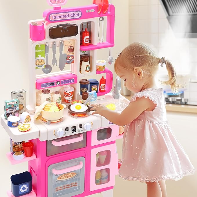 CUTE STONE Kids Kitchen Playset, Play Kitchen Set with Sound & Light, Cooking Stove with Steam, Toy Sink,Play Food Toy and Kitchen Accessories for Pretend Play, Kitchen Toy Set for Toddler Girls, Pink