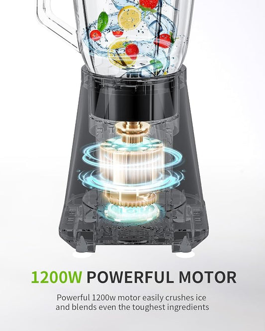 GDOR 1200W Blender for Smoothies and Shakes, 52 Oz Glass Jar & 22 Oz To-Go Cup Combo, Countertop Blender with 6-leaf Blade, 3 Adjustable Speed for Juices, Frozen Fruit Drinks, Sauces, Self-Cleaning