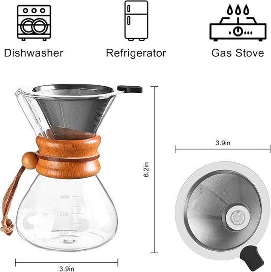 FrutPunch Pour Over Coffee Maker with Stainless Steel Filter, Pour Over Coffee,Pour Over Coffee Dripper, 13.5 OZ, Drip Coffee Maker, High Heat Resistant Carafe, also for Camping, Hiking