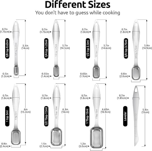 U-Taste Narrow Square Measuring Spoons: 18/8 Stainless Steel Kitchen Measure Teaspoon Tablespoon with Leveler, Polygon Rectangular Metal Jar Scoop for Baking Cooking, Coffee, Spice, Powder (Set of 8)
