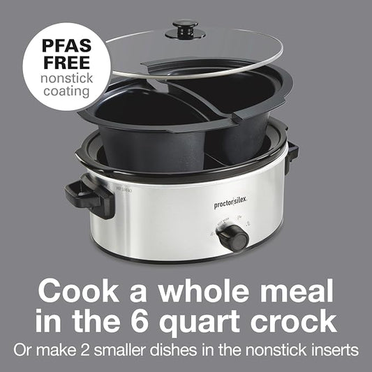 Proctor Silex Double Dish Slow Cooker with 6qt Crock and Dual 2.5qt Nonstick Insert to Cook Two Meals at Once, Dishwasher Safe Pot & Lid, Silver (33563)