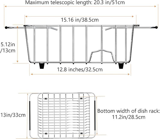 NiuYichee Stainless Steel Dish Drying Rack(15"L X 12.6"W X 4.7"H), Expandable Fruit & Vegetable Drain Rack over Sink, Dish Drainer Rack in Sink, with Stainless Steel Utensil Holder & Silicone Mat(16")