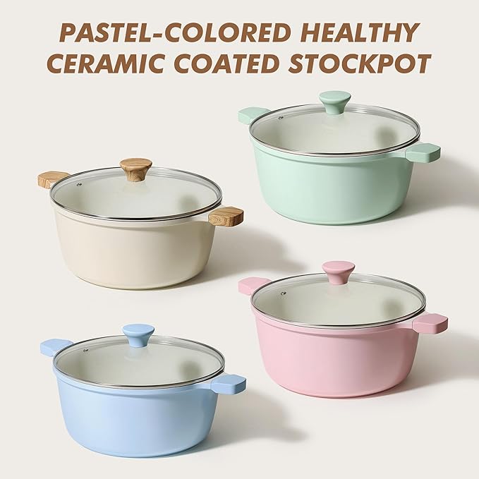 SENSARTE Ceramic Nonstick Stock Pot with Lid, 7 Quart Induction Cooking Pot with Tempered Glass Lid, Stew Pot for Soup and Oatmeal, Pasta Casserole, PFOA PFAS PTFE Free, Creamy White