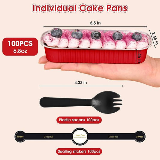 100 Pack Mini Cake Pans with Lids and Spoons, Disposable Aluminum Foil Cake Tins(6.8oz) Individual Small Cake Baking Containers for Party, Wedding, Birthday
