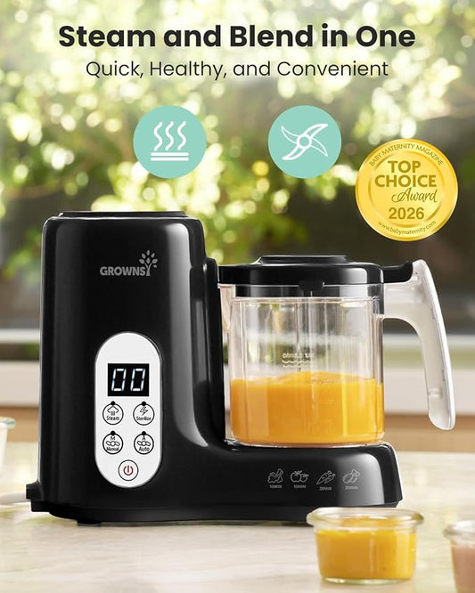 Grownsy Baby Food Maker with Steam Basket, One Step Baby Food Processor Steamer Puree Blender Grinder Mills Machine, Auto Cooking Grinding and Sterili-zing for Healthy Homemade Baby Food, Black