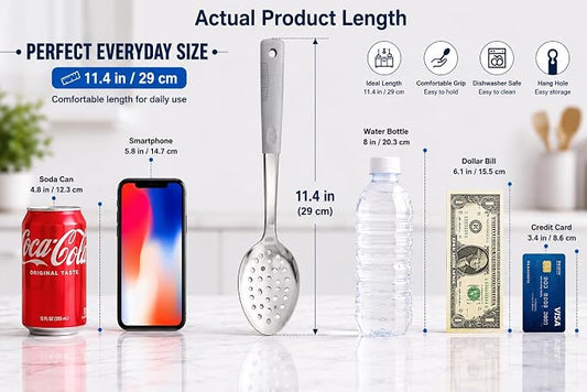 Metal Serving Spoons Set, Large Serving Spoons with Silicone Handles, Stainless Steel Serving Spoon, Slotted Spoon & Soup Ladle Set for Buffet and Home Kitchen (Grey)