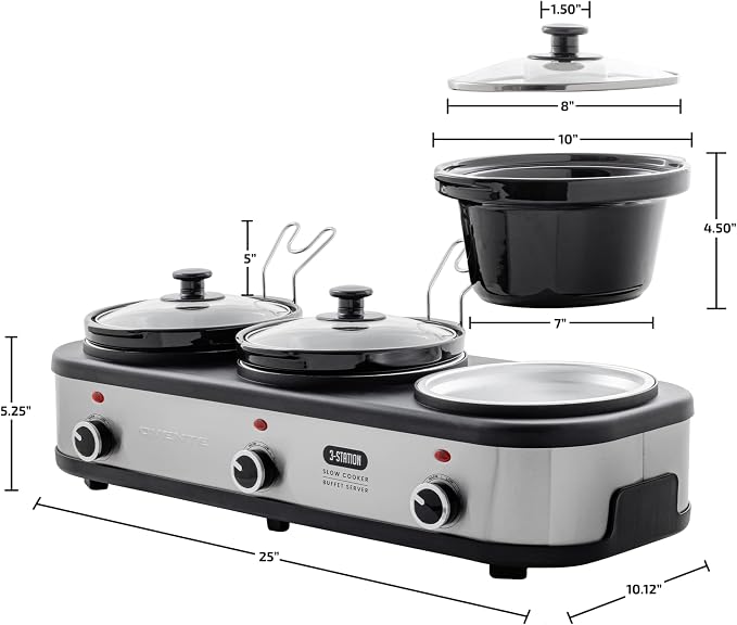 OVENTE Stainless Steel Triple Slow Cooker Buffet Server with Glass Lid & Temperature Control, 3 Section Station Portable 4.5 QT Ceramic Pot Food Warmer Easy Clean for Holiday Dinner, Silver SLO315CBR