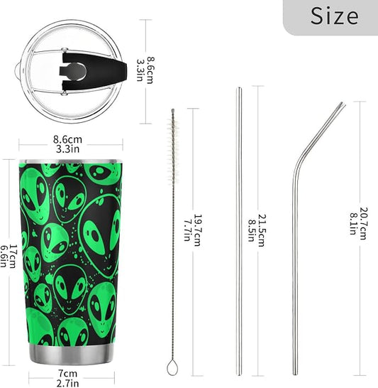 Tumbler Alien Neon Green Insulated Coffee Cup Driver Beverage Container Office Travel Mug with Straw and Lid 20oz Back to School Holiday Gift