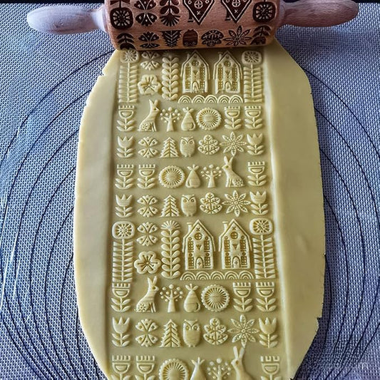 Embossed Rolling Pin for Baking, Wooden Decorative Embossing Cookie Roller for Kitchen(Type A03)