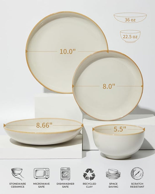 Pokini 24 Piece Double Bowl Dinnerware Sets with Pasta Bowls, Highly Chip and Crack Resistant Plates and Bowls Sets, Natural Earthyware Ceramic Dishware Sets, Service for 6 Yellow White