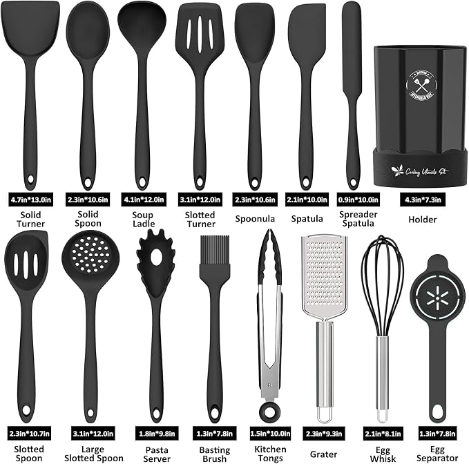 Silicone Kitchen Utensils Set, 16-Piece Silicone Cooking Utensils by Deedro, Heat Resistant Kitchen Tools Set with Holder, Nonstick Spatula Kitchen Gadgets for Cooking & Baking, Black