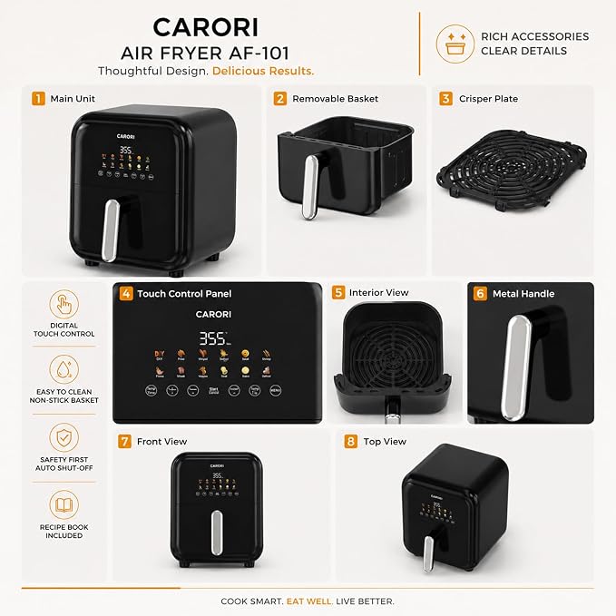 CARORI 7.5 Qt Air Fryer with Viewing Window, 12 Presets and DIY Mode, 1700W, Large Nonstick Dishwasher-Safe Basket, Air Fry, Bake, Roast, Reheat, Dehydrate, Black