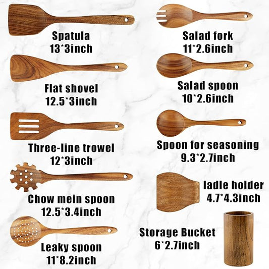 FJNATINH Wooden Spoons for Cooking, 10 Pcs Teak Wooden Cooking Utensil Set with Holder, Wooden Kitchen Utensils Set for Nonstick Pans & Cookware