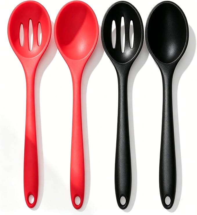 Kitchen Silicone Cooking Spoon,Nonstick Mixing Serving Spoons Set for Cooking,Slotted and Solid Serving Spoon Heat Resistant,Silicone Mixing Basting Stirring Spoons for Bake Stir Cookware 4 PCS