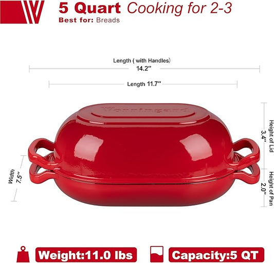 VORRINGARD Enameled Cast Iron Sourdough Bread Oven, Dutch Oven, Loaf Cast Iron Bread Pan for Homemade Bread Baking, Meatloaf Pan with Lid, 5QT, Red